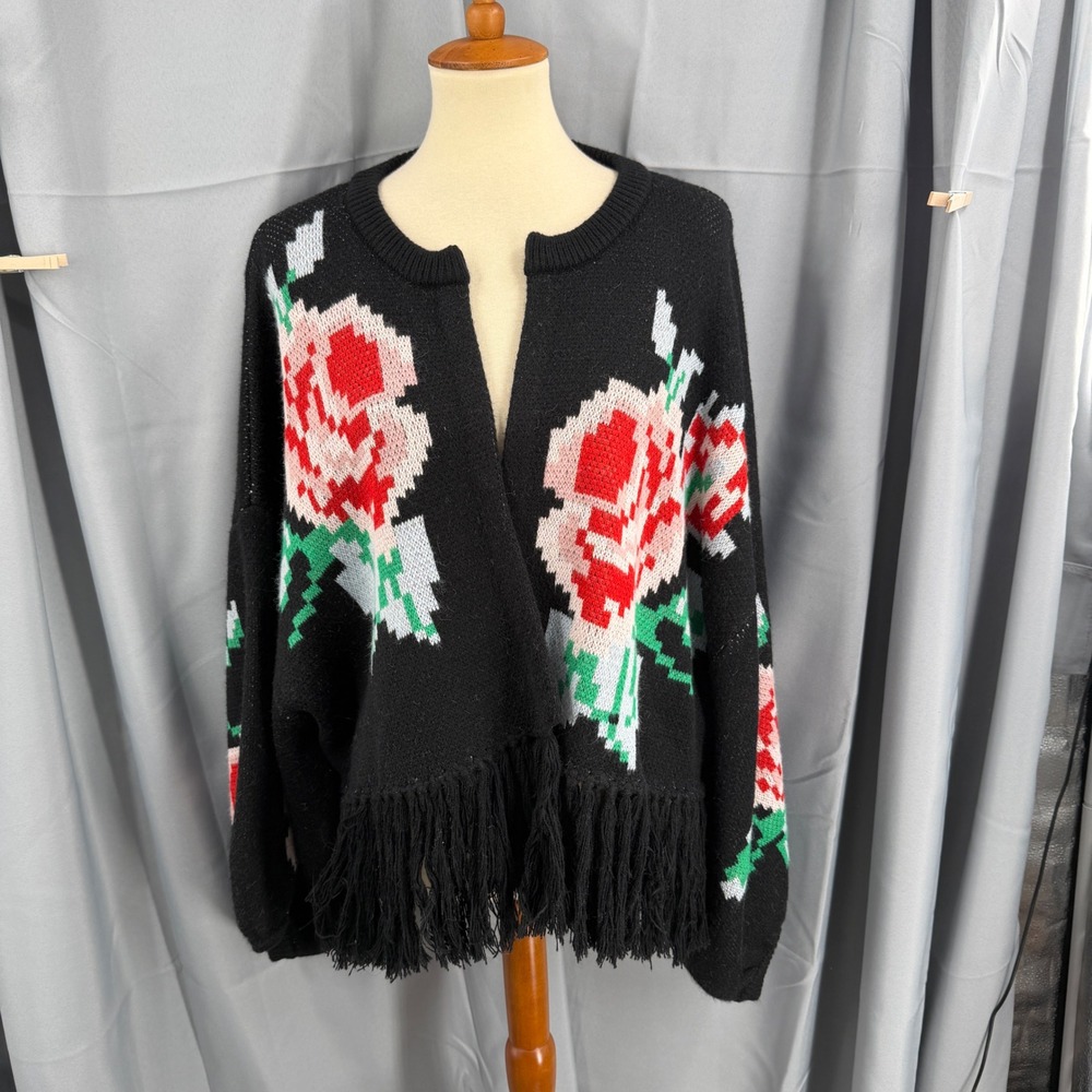 Bel Kazan Black Floral Fringe Open Front Cardigan Sweater One Size
